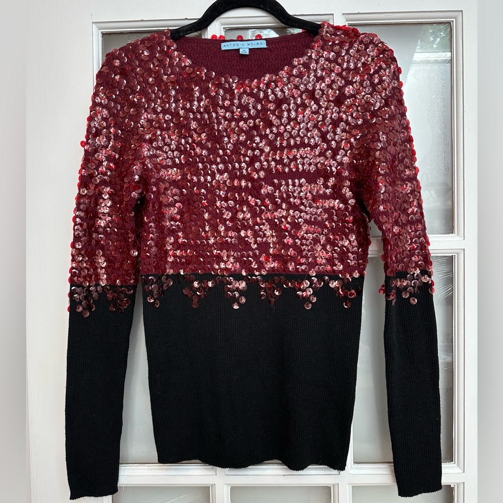 Antonio Melani Elegant Sequin Maroon & Black Sequin 100% Wool Sweater Size Med